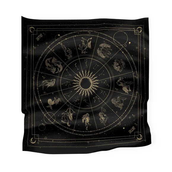 Awe Inspired black gold silk twill zodiac square scarf headwrap belt bag wrap